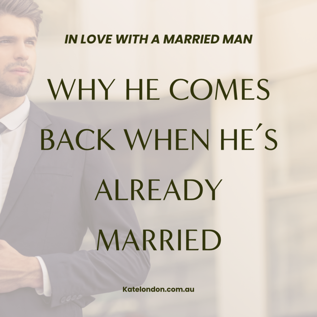 A married man stands in a suit in the background and words overtop read "why he comes back when he's already married"