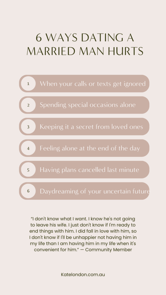 A graphic outlining the six ways dating a married man hurts which is explored in this blog