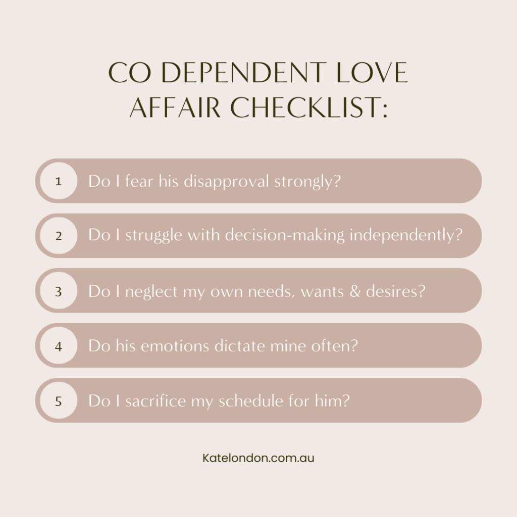 A graphic with a checklist describing a codependent affair for women thinking "I hurt my affair partner - what now?"