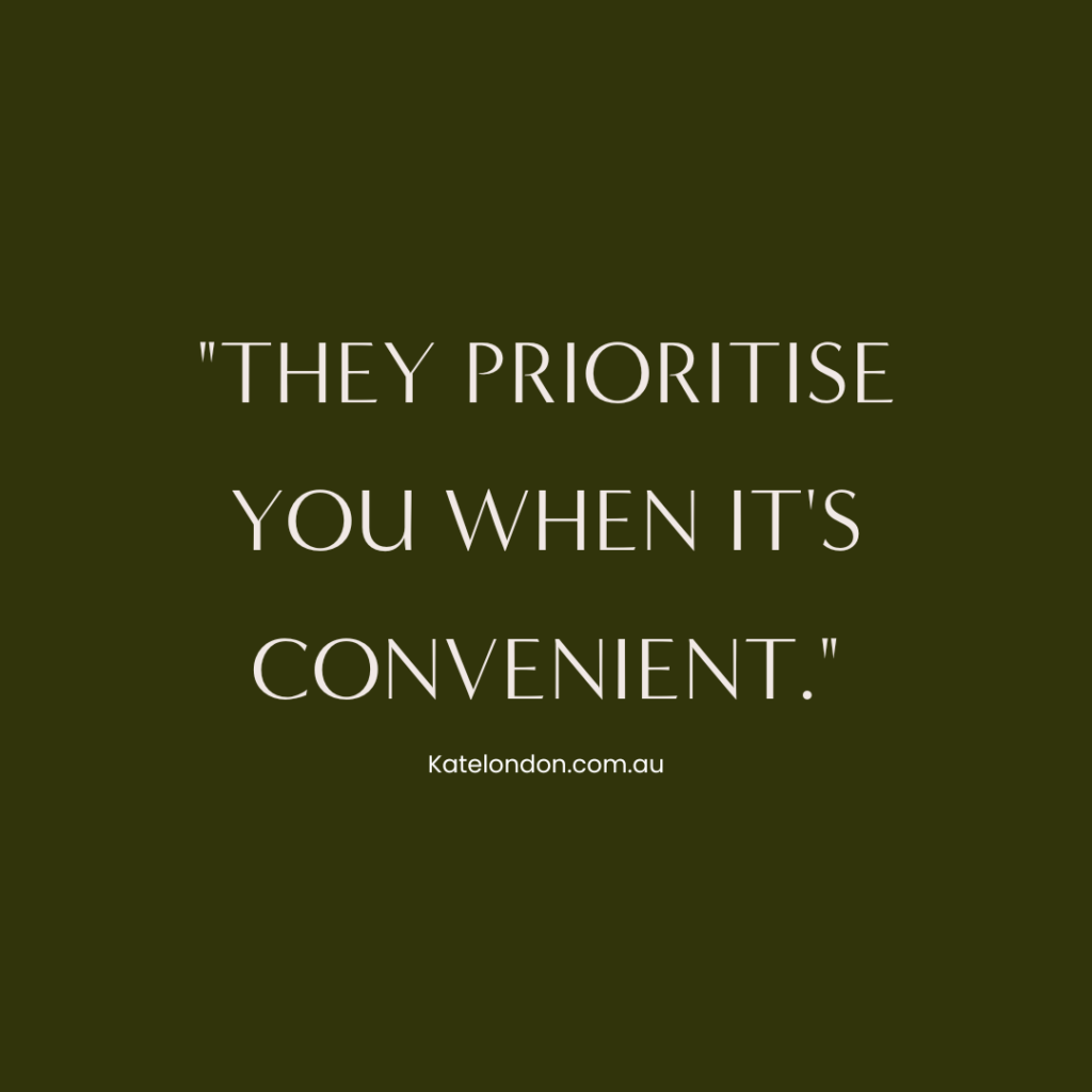A dark green graphic with white letters that reads "they prioritise you when it's convenient" referring to how your affair partner may be treating you.